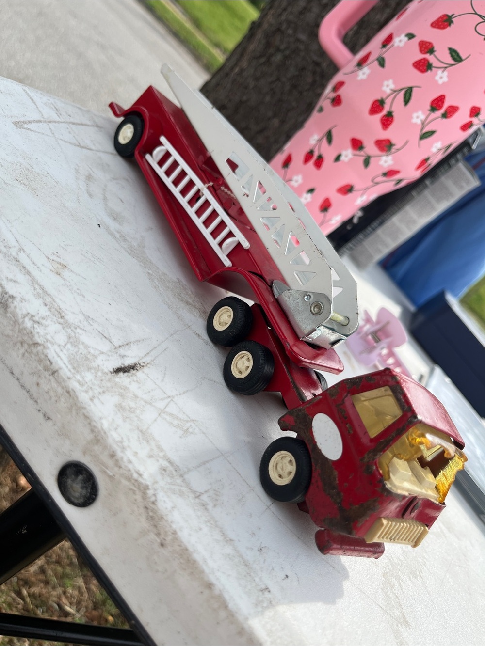 Antique Red and White Metal Ladder Fire Engine Toy